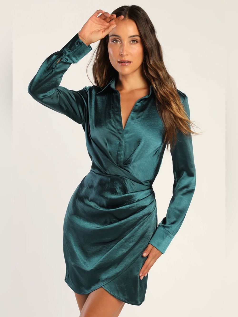 Lulus Stylish Taste Teal Satin Collared Long Sleeve Mini Dress Green - Size XS